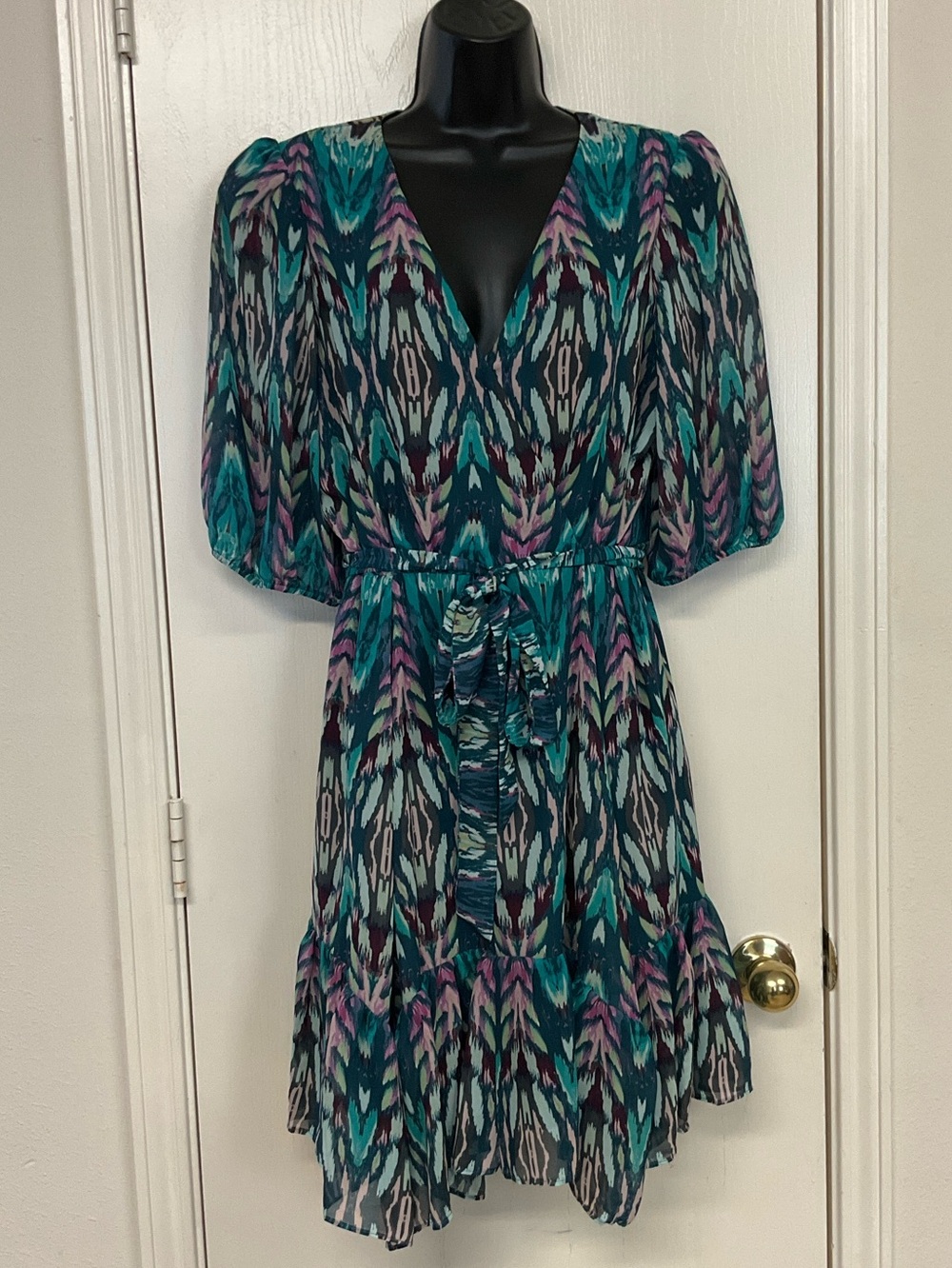 Melonie V-Neck Teal and Purple Printed Tie-Waist Mini Dress